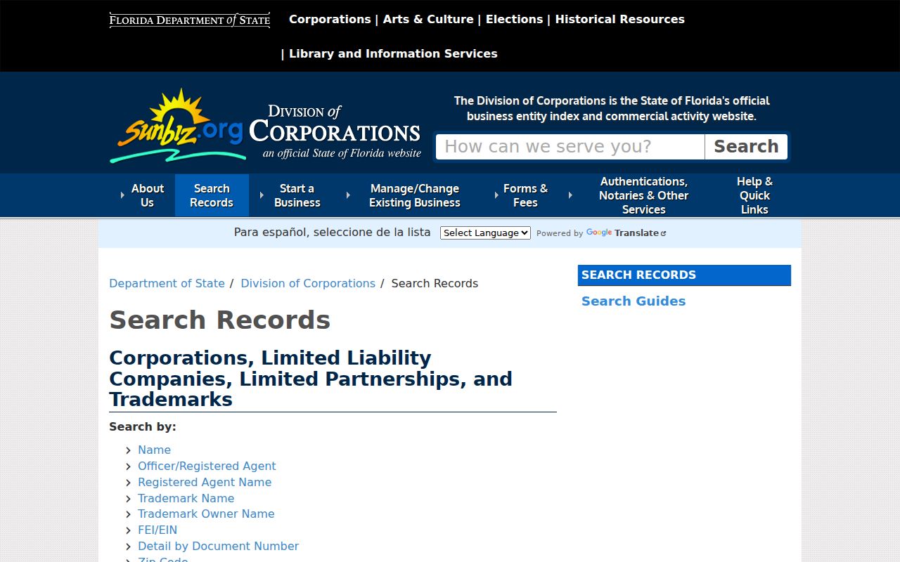 Panama City residents directory Sunbiz business search