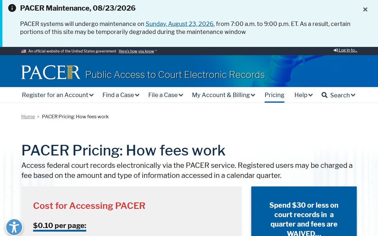PACER federal court access pricing page used for Panama City federal cases
