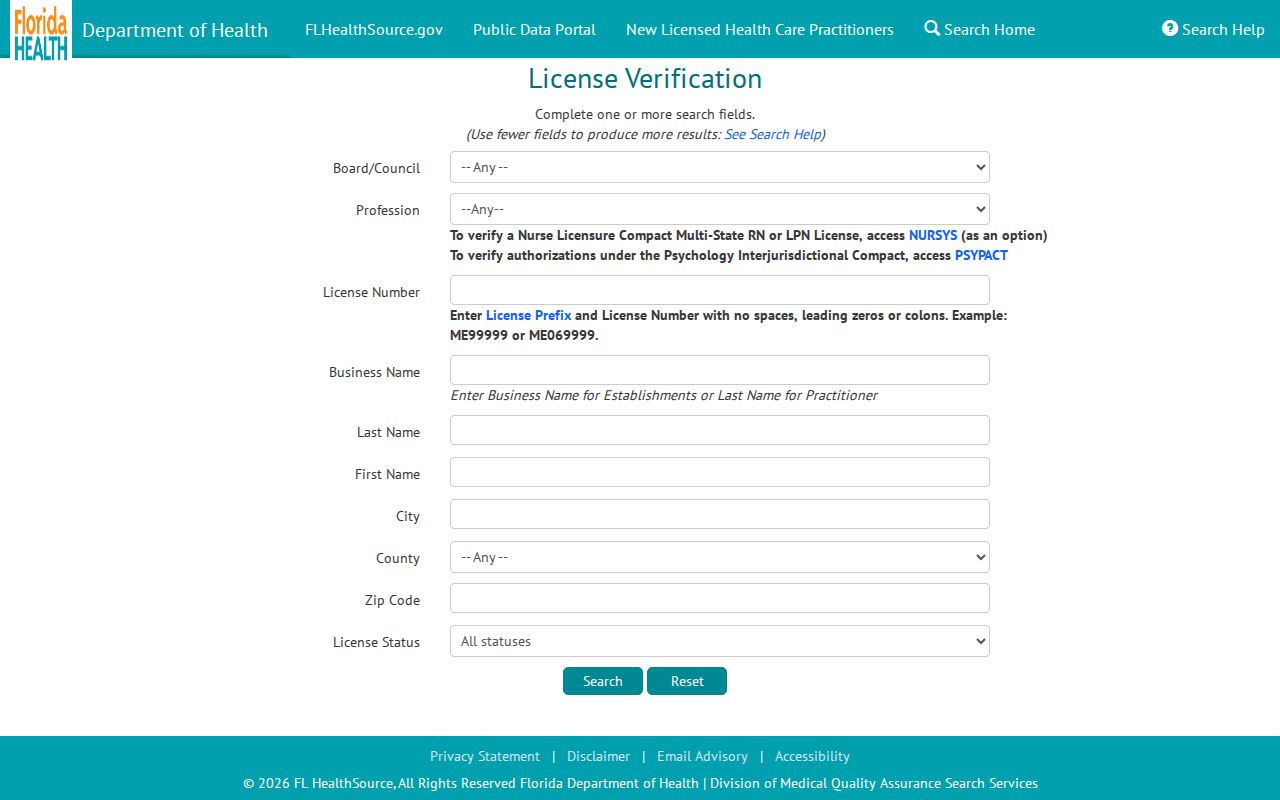 Florida MQA healthcare provider lookup used to confirm a Panama City licensed role