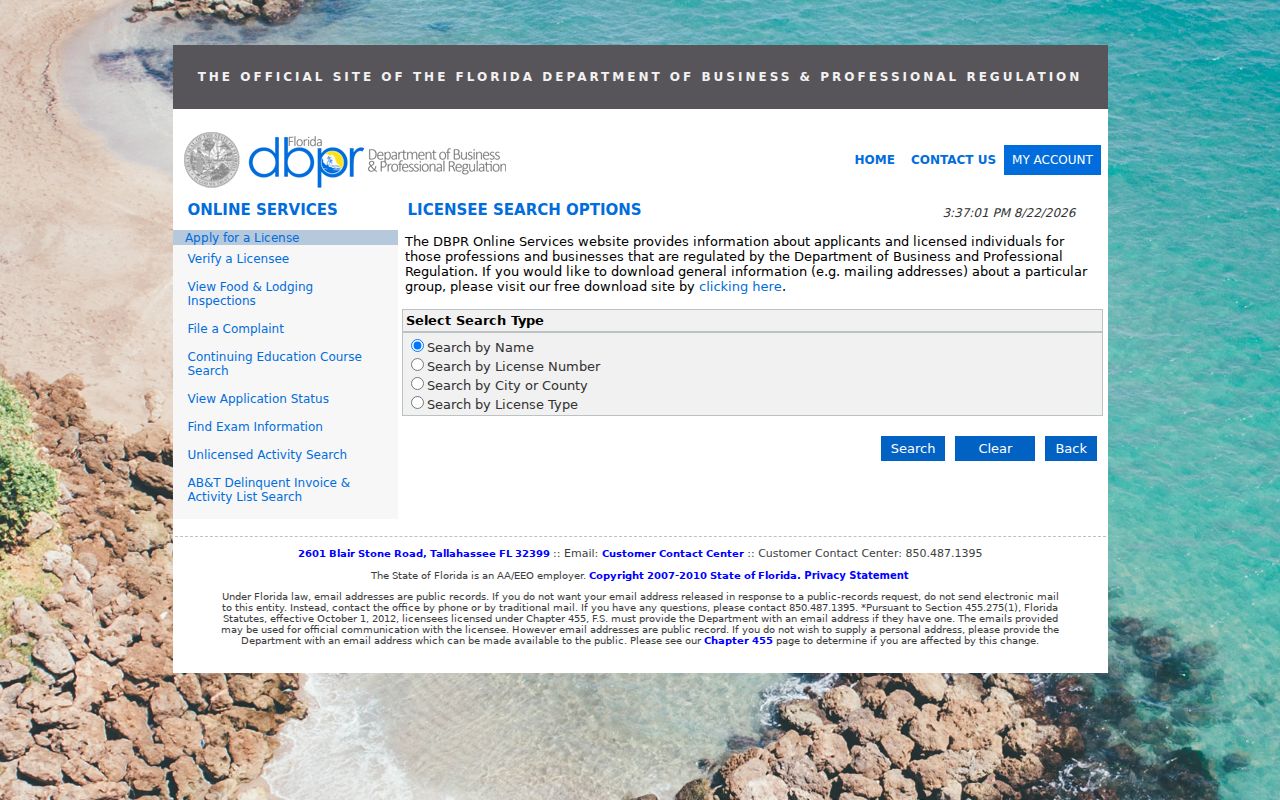 Florida DBPR professional license search for a Panama City resident lookup