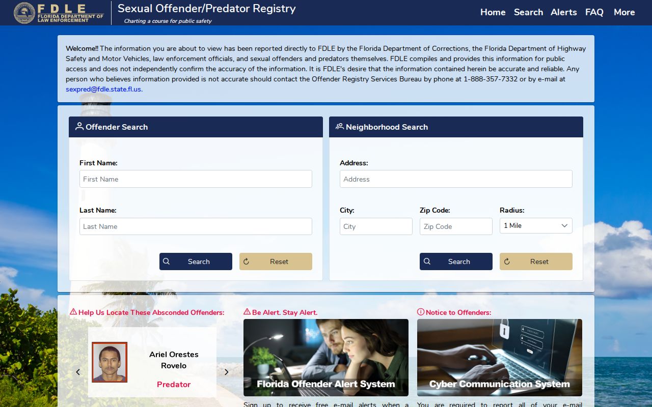 FDLE official registry search modes for Panama City
