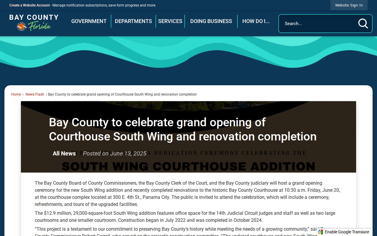 Bay County historic courthouse renovation notice relevant to Panama City address services